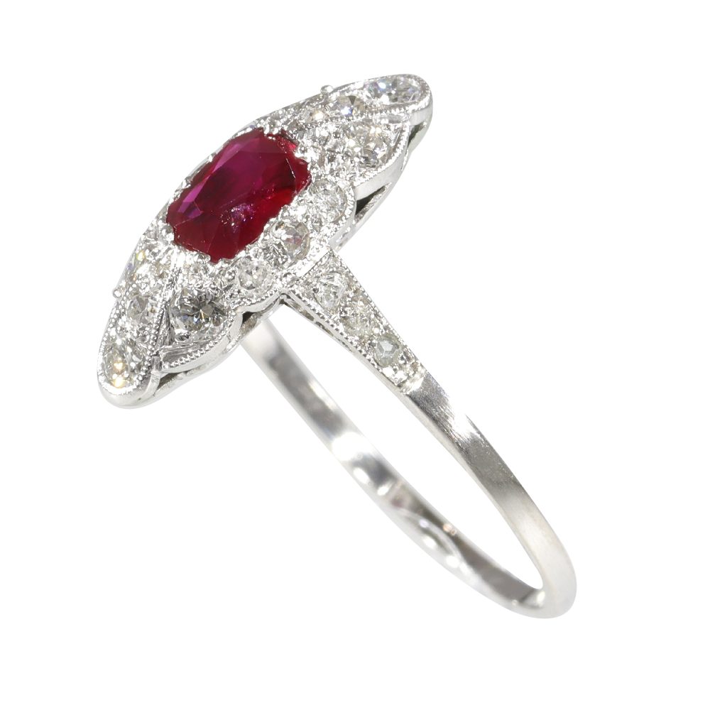 Art Deco 1920s Ruby and Diamond Marquise Shape Engagement Ring