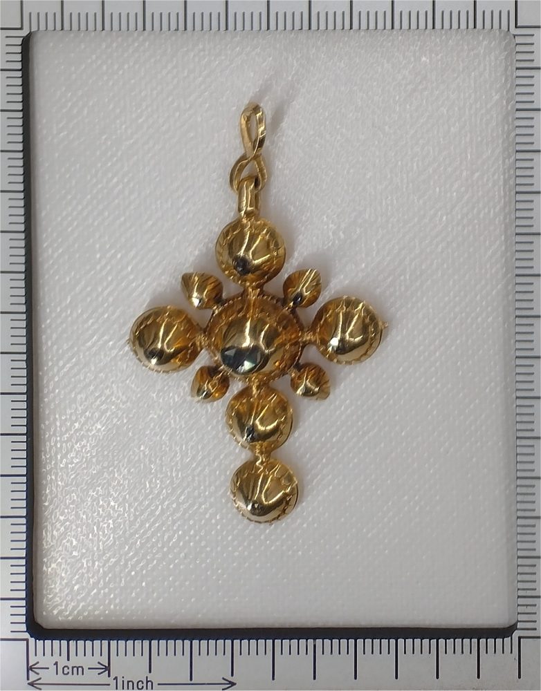Antique Rococo Rose Cut Diamond Gold Cross Pendant