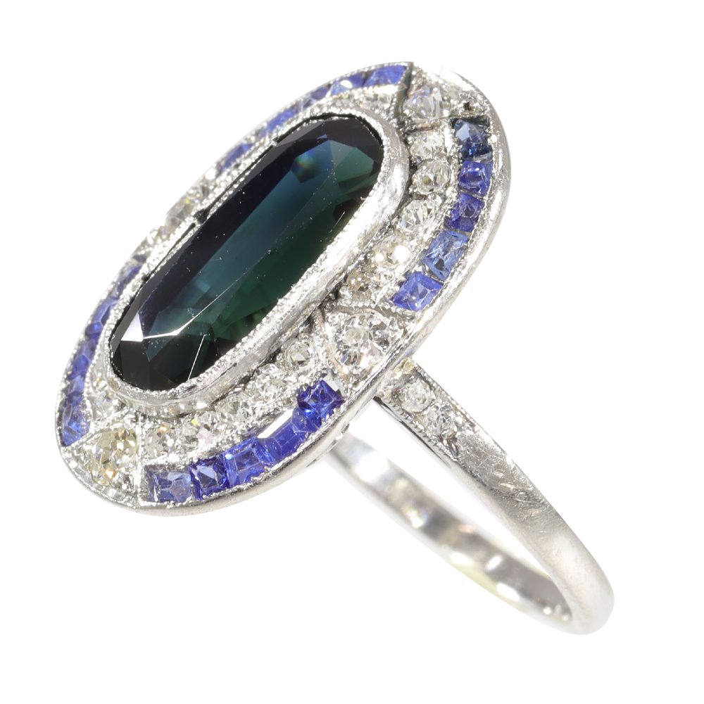 Art Deco 4ct Oval Sapphire and Diamond Cluster Dress Ring