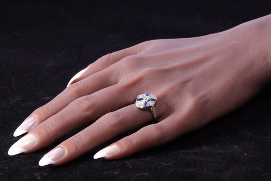 Art Deco Old Cut Diamond and Sapphire Cluster Dress Ring