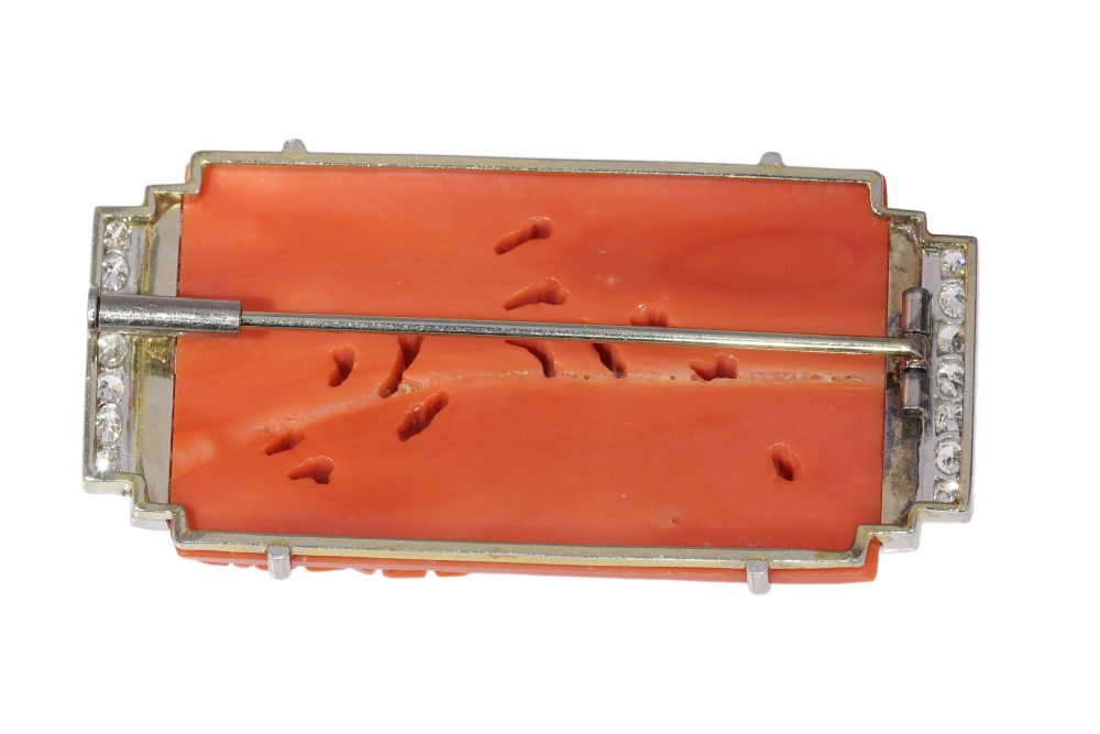 Art Deco Carved Coral Brooch with Onyx and Diamonds