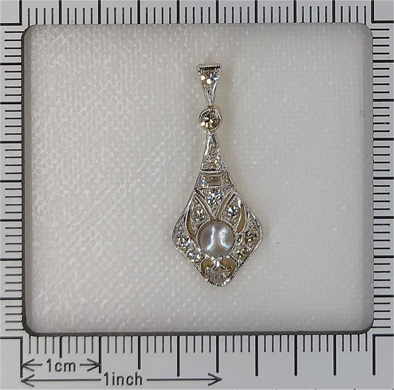 Art Deco Pearl and Diamond Cluster Drop Pendant