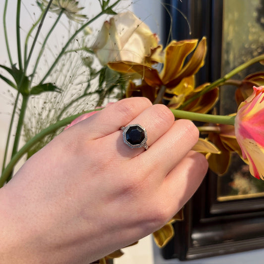 Art Deco Platinum, Octagonal Black Onyx and Diamond Ring, 1.40 Carats