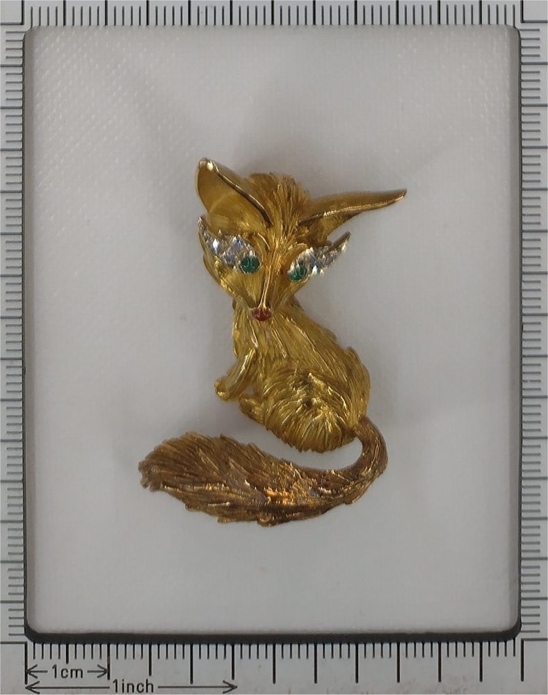 Vintage French 1950s Gem Set 18ct Yellow Gold Fox Brooch
