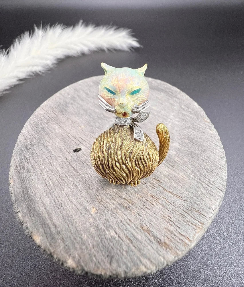 Vintage Enamel And Old Cut Diamond Cat Brooch In 18 Carat Yellow Gold
