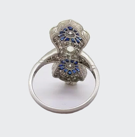 Art Deco Style Sapphire and Diamond Navette Panel Ring