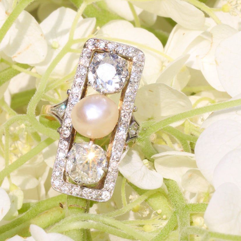 Antique Belle Epoque Pearl and Diamond Three Stone Cluster Plaque Ring