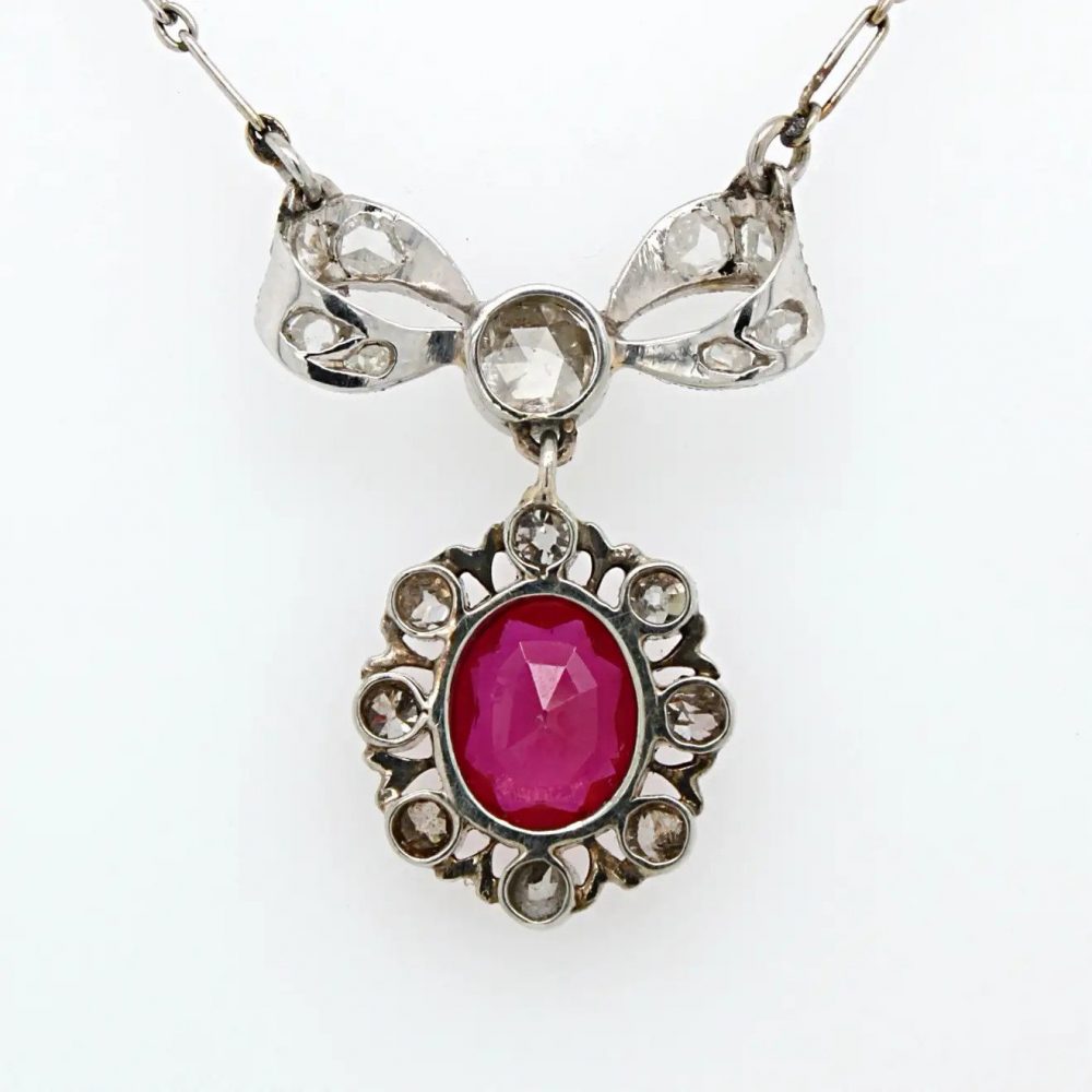 Belle Epoque Burma Ruby and Diamond Bow Pendant Necklace