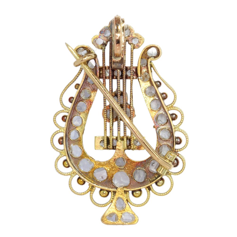 Antique Rose Cut Diamond Set Gold Lyre Brooch Pendant