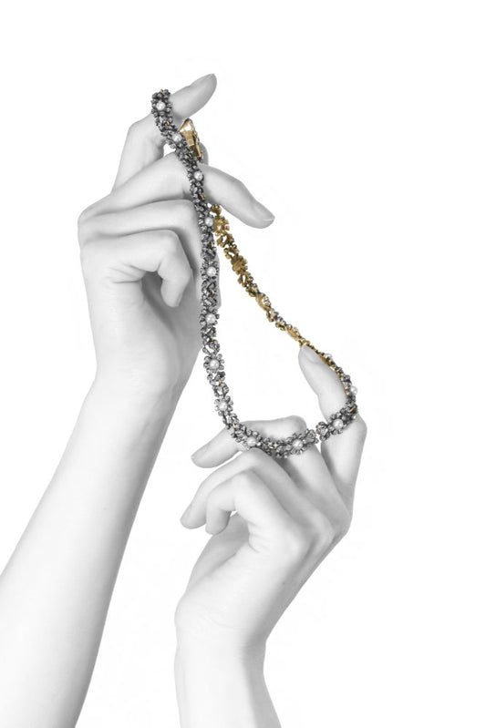 Antique Diamond And Pearl Choker Necklace In 14 Carat Yellow Gold And Silver