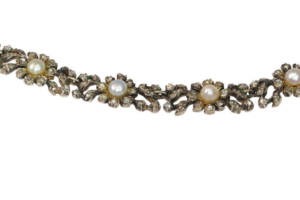 Antique Diamond And Pearl Choker Necklace In 14 Carat Yellow Gold And Silver
