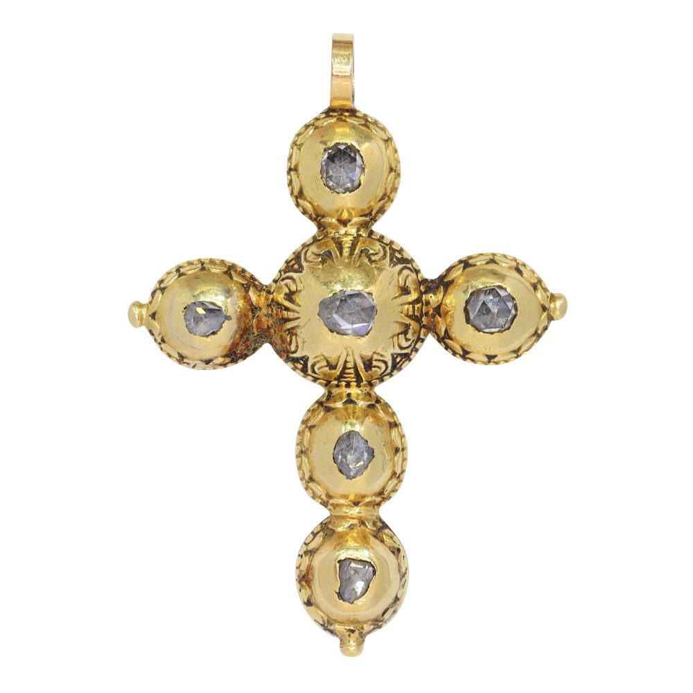 Baroque 18 Carat Yellow Gold Ciselé Diamond Cross Pendant