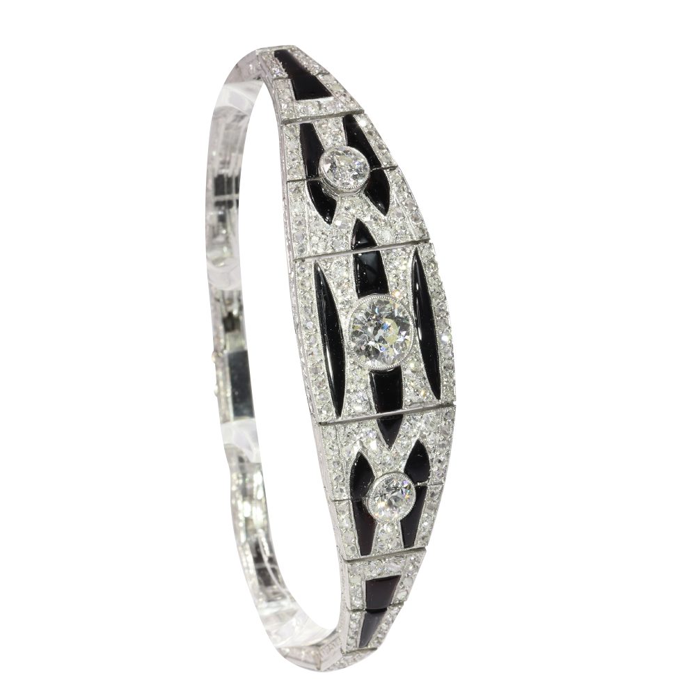 Art Deco Old Cut Diamond And Onyx Bracelet In Platinum
