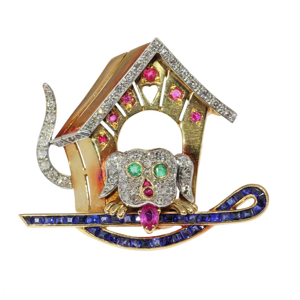 Vintage Dog Brooch In Yellow and White Gold With Diamonds And Gemstones