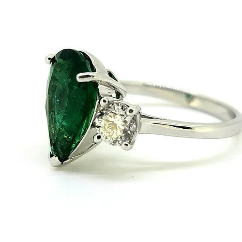 3.69ct Pear Cut Emerald and Diamond Trilogy Three Stone Engagement Ring