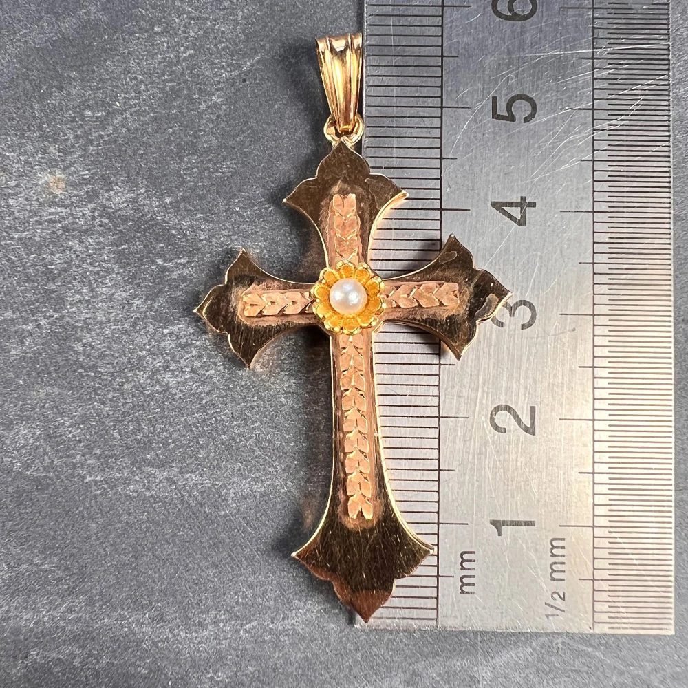 French 18ct Rose Gold Cross Pendant with Natural Pearl