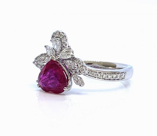 1.35ct Heart Cut Burma Ruby and Diamond Cluster Dress Ring in Platinum
