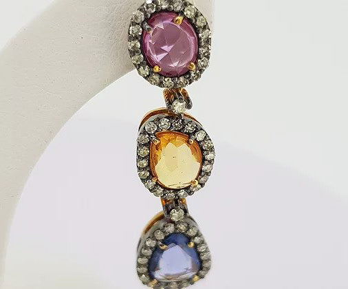 2.69cts Multi Coloured Sapphire and Diamond Cluster Drop Earrings