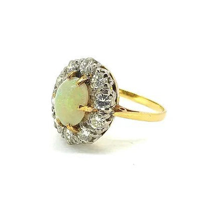 Vintage Antique Style Opal and Diamond Cluster Engagement Ring