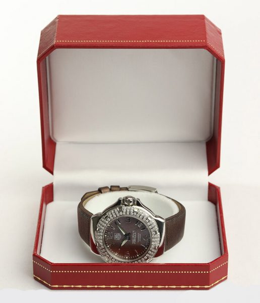 Tag Heuer Formula 1 Ladies Sparkling Diamond Bezel Mother of Pearl Dial 36mm Quartz Watch; Ref. WAC1217, on a TAG Heuer brown satin/leather strap with Tag Heuer buckle