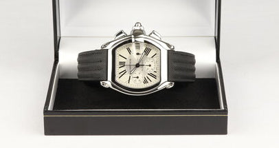 Cartier Roadster Chronograph XL Automatic Gents 40mm Stainless Steel, Ref 2618, white dial, Roman numerals, date indicator at 3, chronograph function with 3 registers, sapphire crystal, screwdown crown, Cartier black nylon and leather strap with deployant buckle