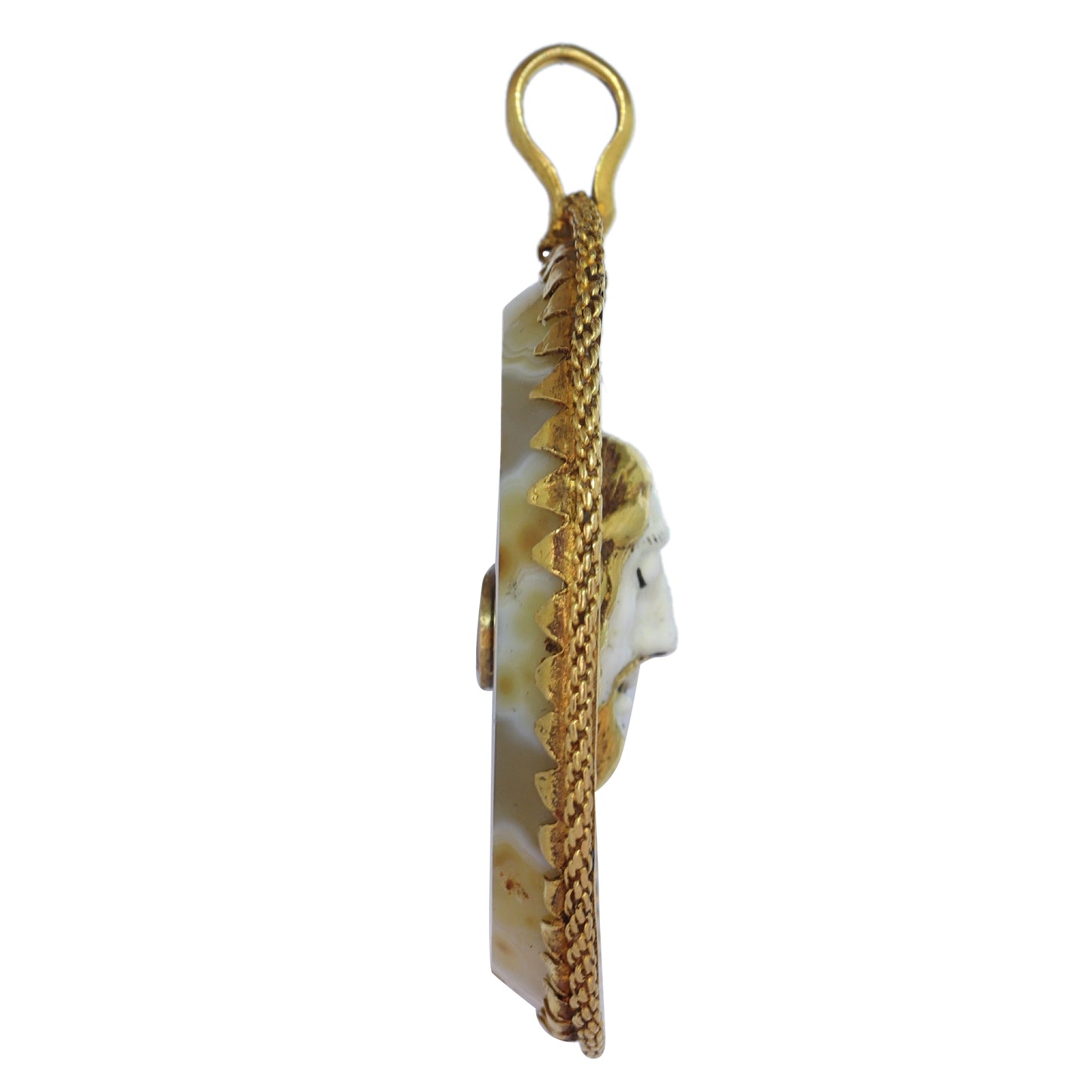 An enamelled face of Christ on a banded agate and yellow gold wirework pendant