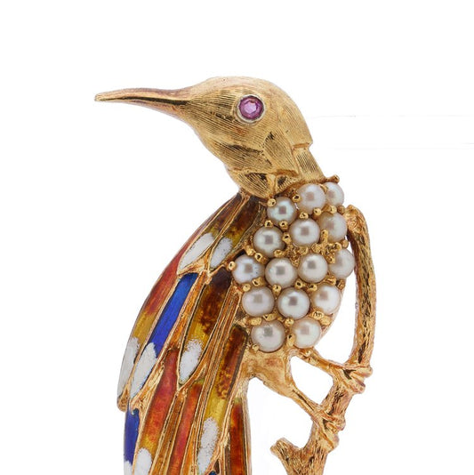 Vintage 18ct Yellow Gold and Enamel Bird Brooch with Pearls