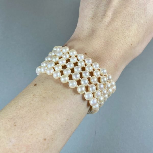 Vintage Five Row Pearl and Diamond Bracelet, 2.00 carat total