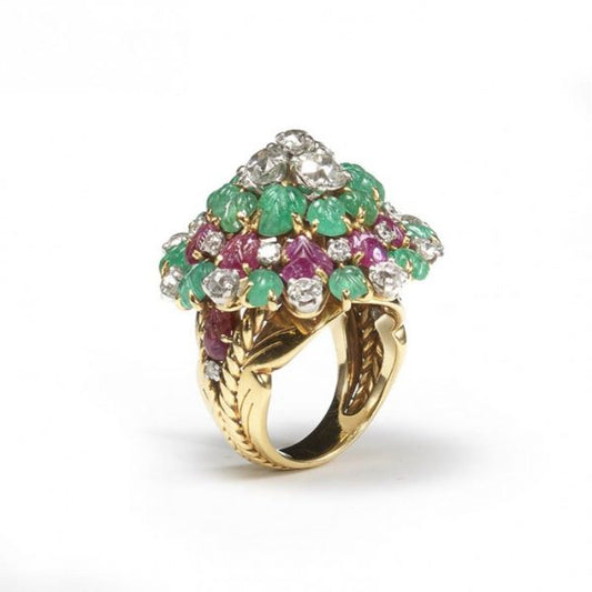 Vintage Multi Gem Tutti Frutti Domed Cluster Cocktail Ring, 4.50 carats, in 18ct yellow gold France, Circa 1955