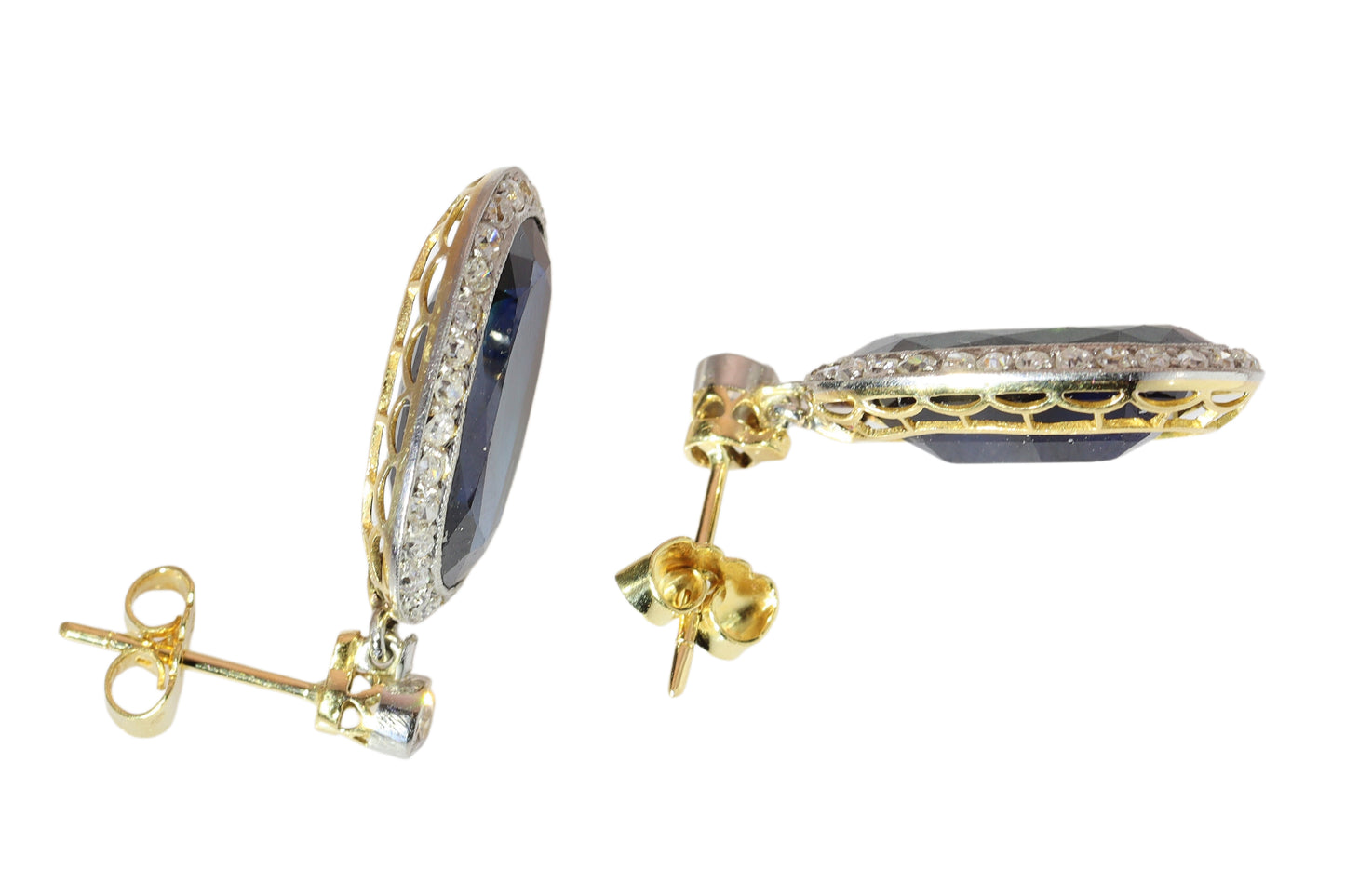 A pair of oval sapphire and diamond cluster drop earrings, with yellow gold posts and butterfly fittings