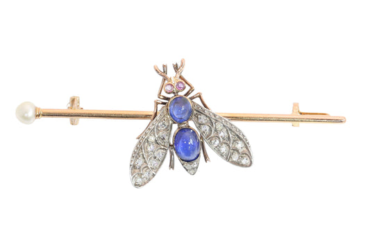 Antique French Bee Brooch Circa 1900 with Diamonds, Sapphires, Rubies and Pearl