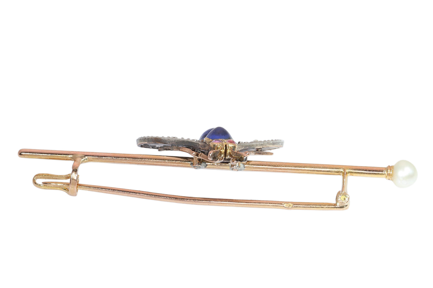 Antique French Bee Brooch Circa 1900 with Diamonds, Sapphires, Rubies and Pearl