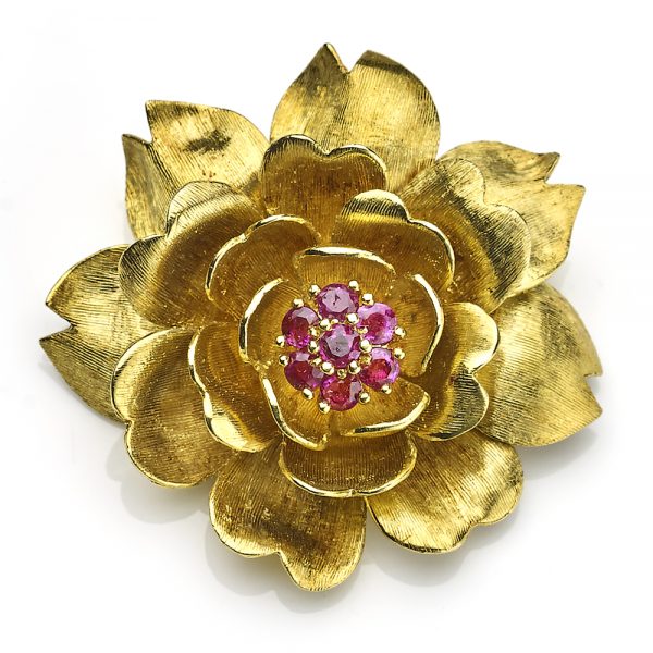 Vintage Ben Rosenfeld Gold Ruby Rose Brooch