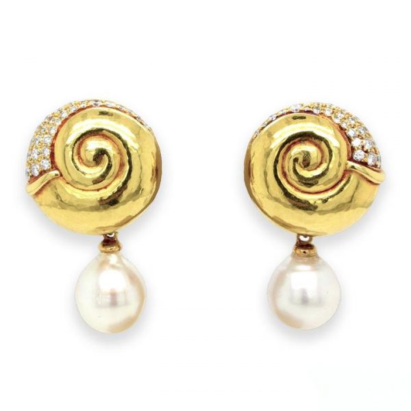 Vintage De Vroomen Pearl, Diamond and 18ct Gold Spiral Drop Earrings; 18ct yellow gold snail shell-style central section, pavé-set with brilliant cut diamonds, with a drop-shaped cultured pearl drop