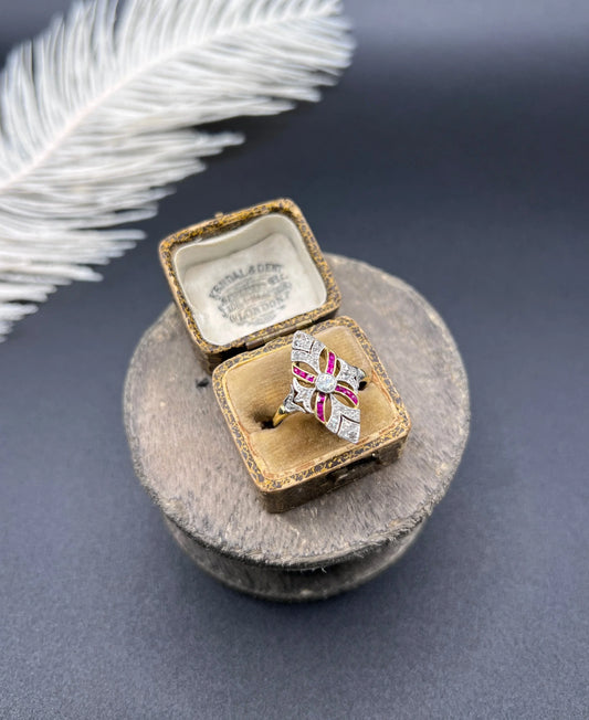 Antique Edwardian Ruby Diamond Marquise Navette Shaped Ring in 18ct Gold & Platinum