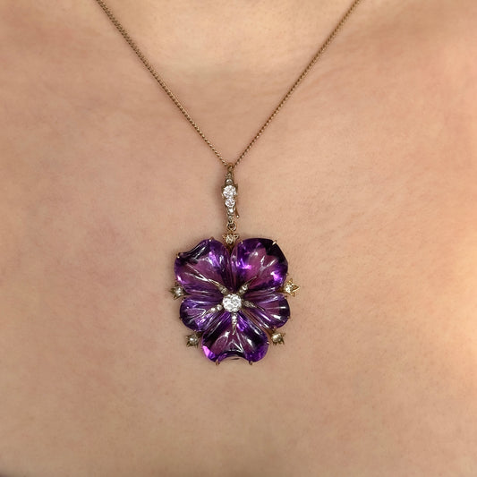 Victorian Antique Carved Amethyst and Diamond Flower Pendant come Brooch