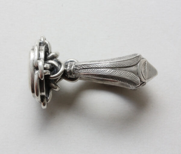 19thC French Neo Renaissance Silver Desk Seal Ring; presse papier ring, quatrefoil bezel set with octahedron diamond, animal mouths to shank, Circa 1870