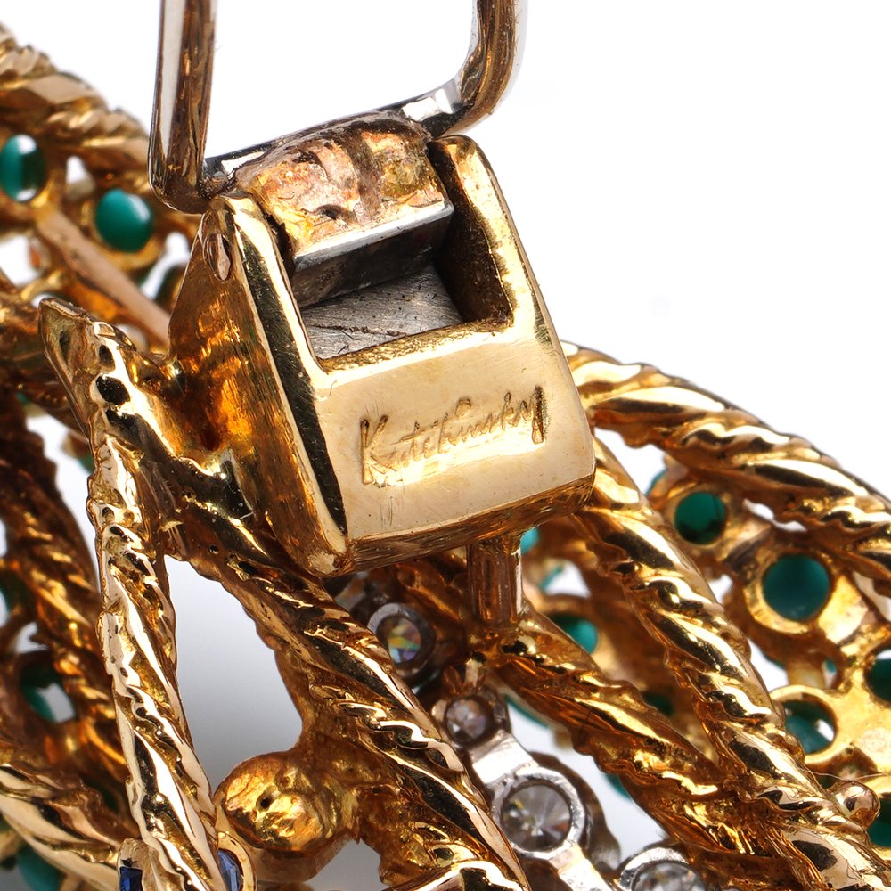 Kutchinsky Diamond Sapphire and Turquoise Leaf Brooch