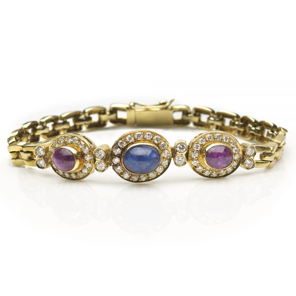 Cabochon Sapphire, Ruby and Diamond Cluster Bracelet, 18ct Yellow Gold