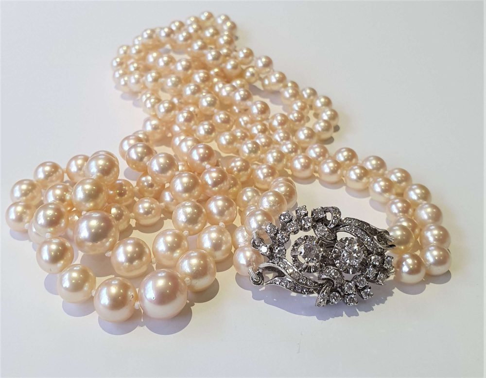 Vintage 1950s Double Row Akoya Pearl Necklace with Diamond Clasp, 1.75 carat total