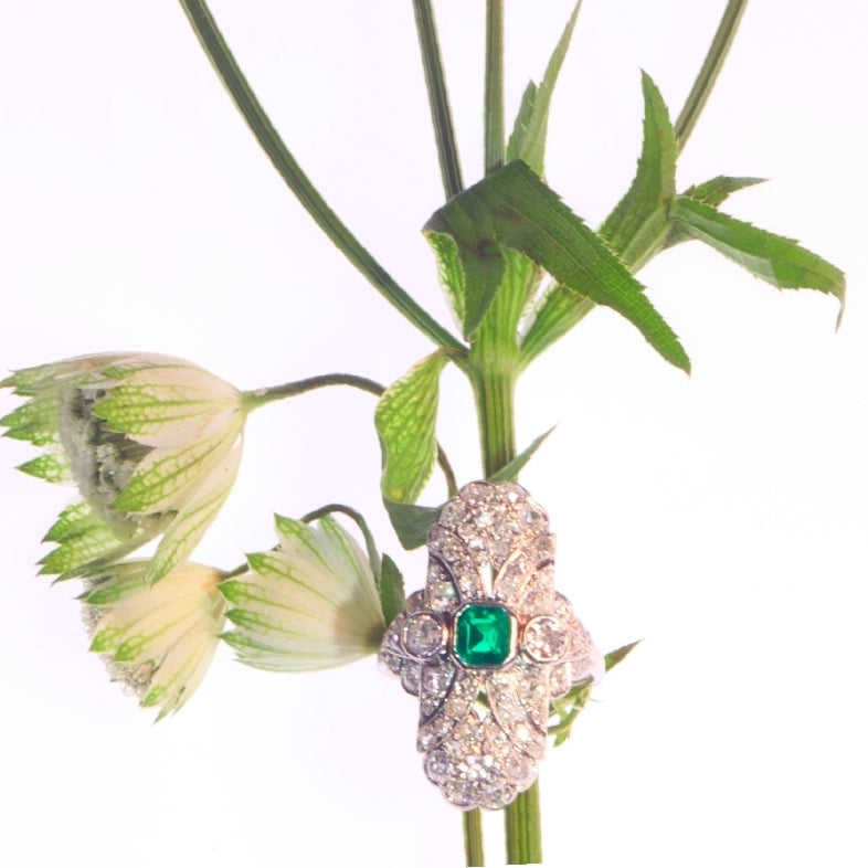Antique Art Deco Emerald and Diamond Tablet Ring