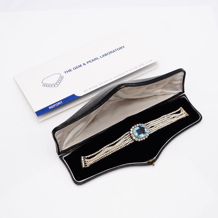 Antique Aquamarine and Diamond Cluster Pearl Bracelet