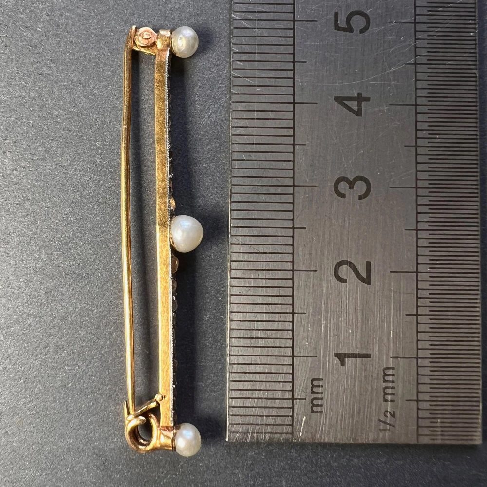Antique Natural Pearl and Rose Cut Diamond Bar Brooch
