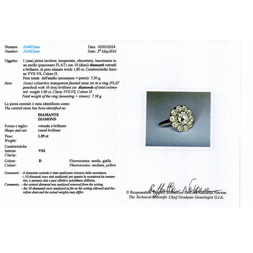 Late Art Deco Certified D VS 1.35ct Diamond Daisy Cluster Engagement Ring in Platinum, 3.19 carat total