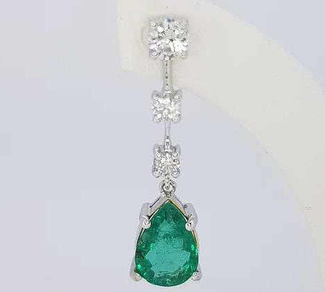 3.95ct Pear Shaped Emerald and Diamond Drop Earrings, 18ct White Gold