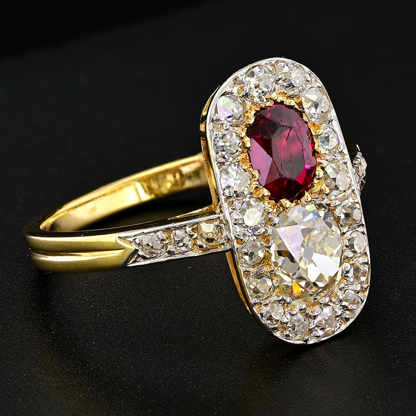 Edwardian Antique Natural No Heat Ruby and Old Mine Cut Diamond Two Stone Cluster Plaque Ring in Platinum and 18ct Yellow Gold