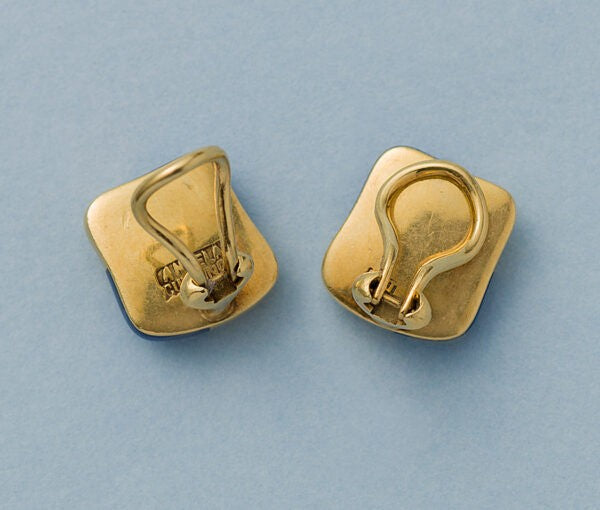 Vintage 1980s Gold and Lapis Lazuli Chequerboard Clip On Earrings Signed Angela Cummings