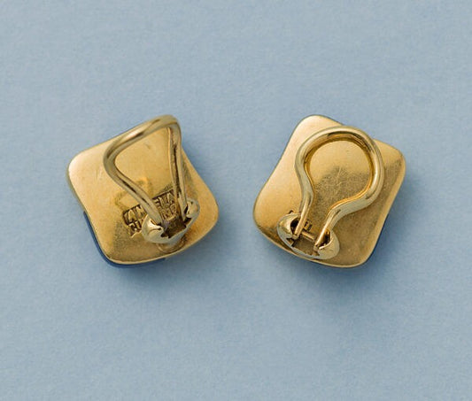 Vintage 1980s Gold and Lapis Lazuli Chequerboard Clip On Earrings Signed Angela Cummings