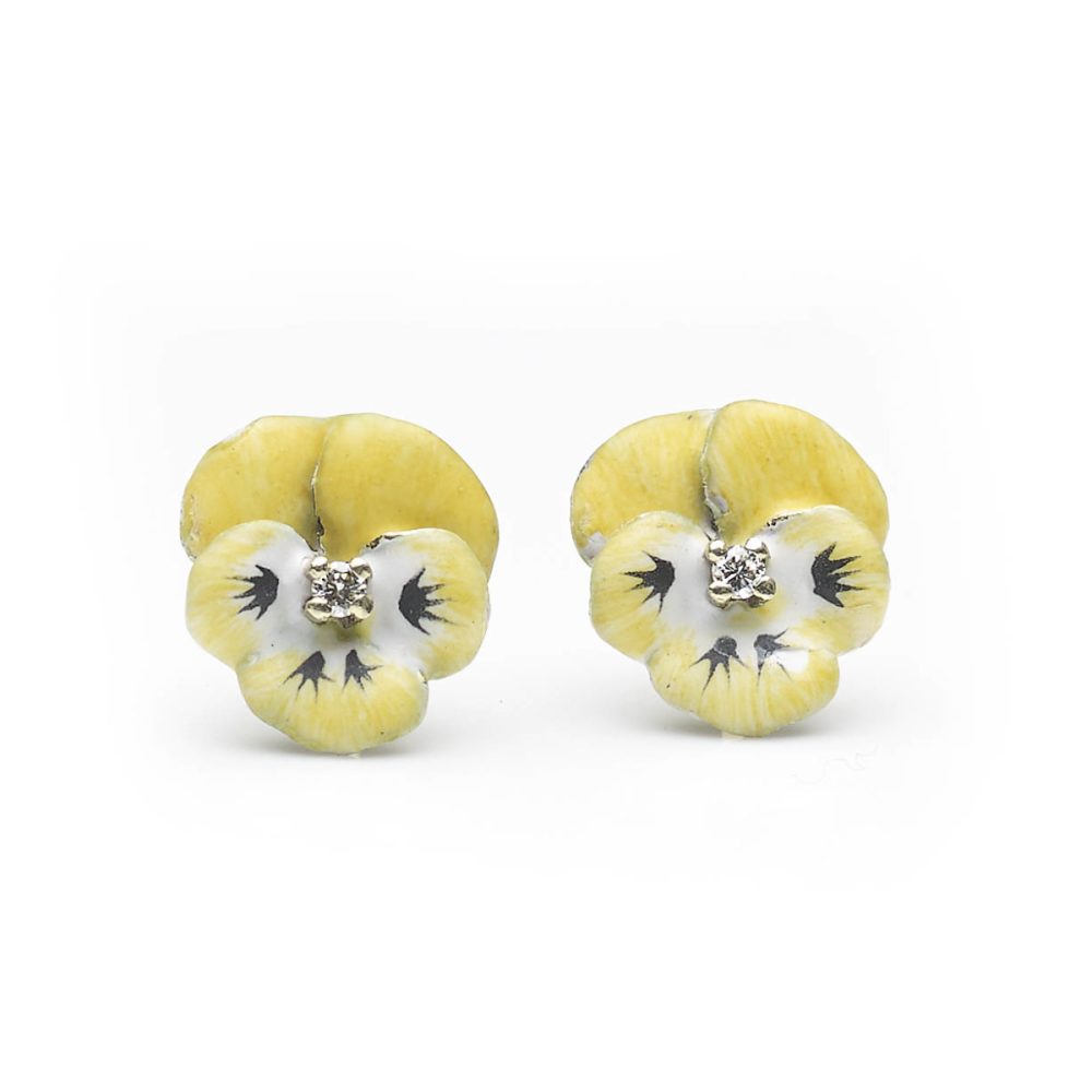 Yellow and Black Enamel Diamond Pansy Flower Earrings