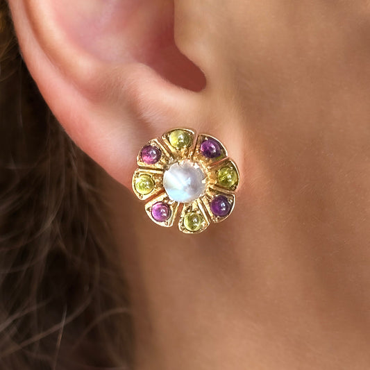 Suffragette Moonstone Peridot Amethyst Flower Cluster Stud Earrings